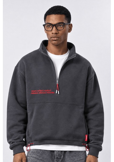 Respire Erkek Reset Baskılı Lastik Detaylı Half Zip Oversize Sweatshirt Füme