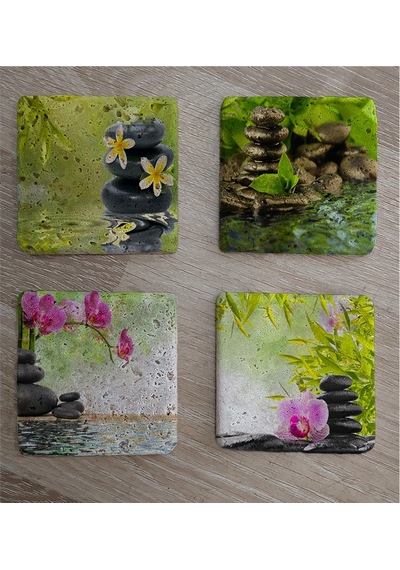 Spa Taşları Ve Orkide Doğal Taş Bardak Altlığı 4'lü Set - Natural Stone Coasters - Taş Çok Renkli