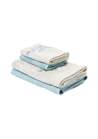 Taç Mimosa Çiçekli%60 Pamuk%40 Viskoz Hamam Seti, Taş-nil Mavisi, 2 Adet 70x150 Cm, 2 Adet 50x90 Cm