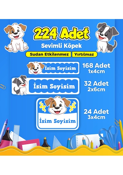 Sevimli Köpek Temalı Okul Kreş Kişiye Özel İsim Etiket Seti - Model 388 Çok Renkli