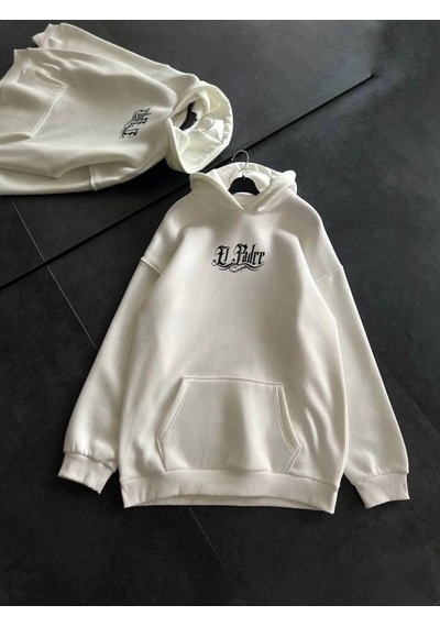 Valensdesign Üç İplik Penye Uzun Kol Kapşonlu Baskılı Sweatshirt - Beyaz