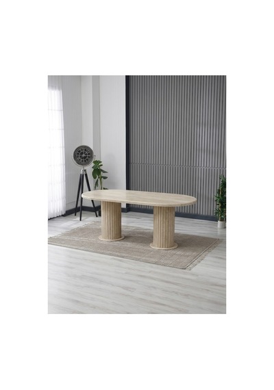 Aura Bohem Masa Takımı 90x170 Mdf Traverten Masa Ve 6 Adet Polo Sandalye Bej Bej