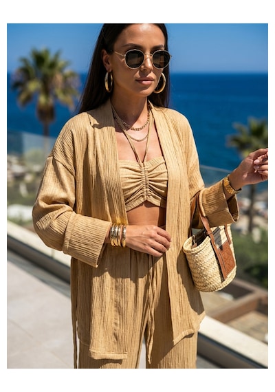 Fashion Cocktail Soft Yumuşak Saten Kumaşlı Büzgü Bağlama Lastikli Crop Ceket Pantolon Kemer 4 Lü Takım Sarı Fashion Cocktail Soft Yumuşak Saten Kumaşlı Büzgü Bağlama Lastikli Crop Ceket Pantolon Kemer 4 Lü Takım Sarı