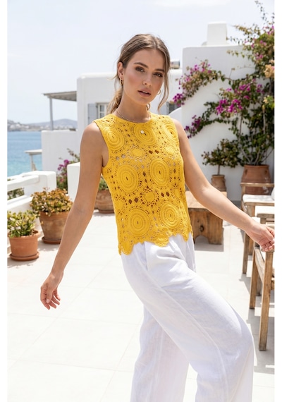 Sayzen Your Shine Kolsuz Dantel/tığ Dokuma Kadın Bluz Shn-2603 Sarı