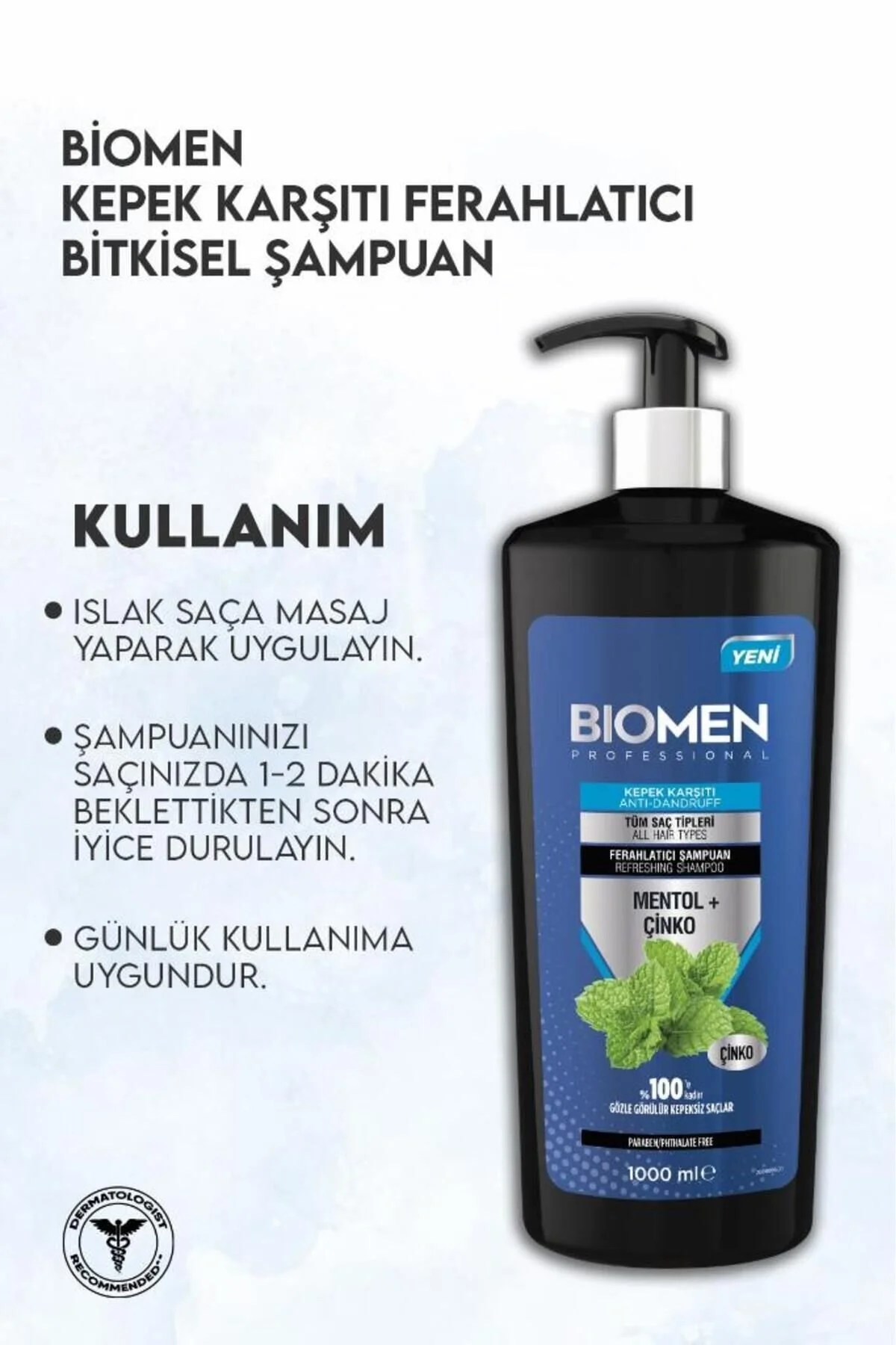Şampuan 1000ml Kepek Karşıtı Mentollü Tüm Saç Tipleri