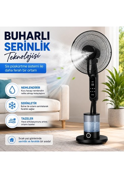 16 İnç Buharlı Vantilatör, 4l Su Hazneli Ayaklı Fan, Uzaktan Kumandalı, Led Ekranlı, 3 Hız Kademeli, 3 Modlu, Ne