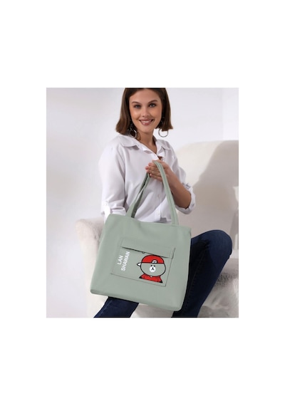 Toz Vintage Shawan Yazılı Fermuarlı Bez Kol Omuz Çantası Yeşil