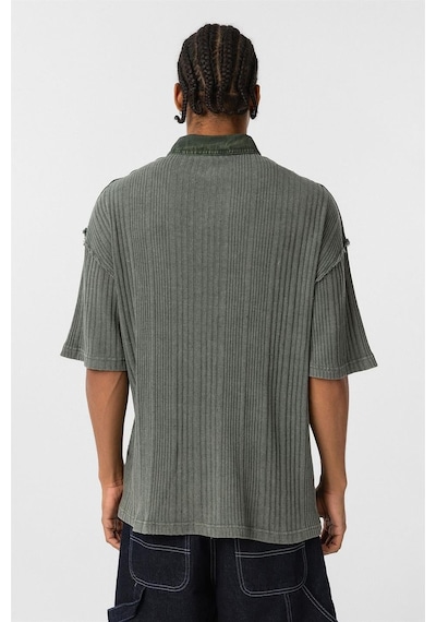 Vamos Yıkamalı Triko Oversize Polo Yaka Tişört V70-53 Haki