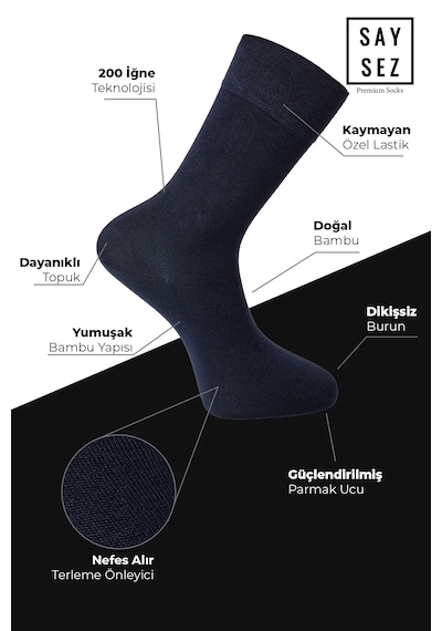 Saysez Bambu Erkek Soket Uzun Lacivert Çorap Dikişsiz Premium Pkt 3'lü Lacivert