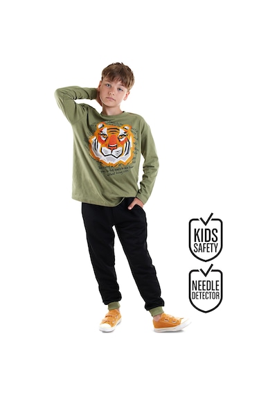 Erkek Çocuk Kışlık Kaplan Desenli Pamuklu Haki Uzun Kollu 2 Parça T-Shirt Pantolon Takımı 5-10 Yaş