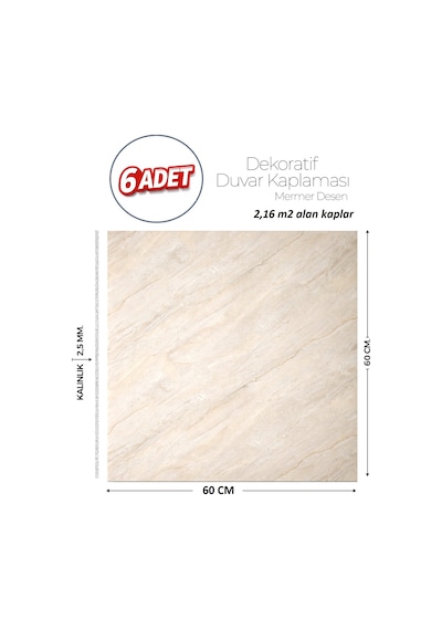 60x60 Cm Kendinden Yapışkanlı Duvar,banyo,tezgah Arası Bej Mermer-6 Adet 1103-60-6