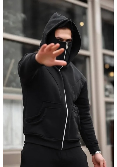 Veraura Lifestyle Erkek Maskeli Ninja Model Çift Kapüşonlu 3 İplik Şardonlu Fermuarlı Sweatshirt - Siyah