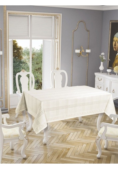Dantelli Keten Efektli Leke Tutmaz Lüks Masa Örtüsü 160x220 Cm Krem