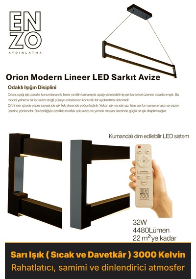 Orion Füme Lineer Led Sarkıt Avize Kumandalı Dim Edilebilir Aşağı Işık Sarı Işık