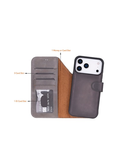 Bloomcase Magic Wallet Ash Gray Apple Uyumlu iPhone 17 Pro 6.3" Hakiki Deri Çıkarılabilir Cüzdanlı Telefon Kılıfı Gri