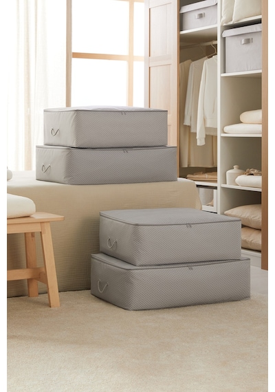 Ocean Home Textile 4'lü Gri Balıksırtı Baza Altı Hurç Set 2 Adet 62 x 46 x 22 / 2 Adet 74 x 46 x 22 cm