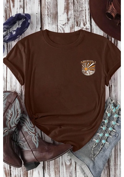Unisex Sırt Baskılı Arizona Oversize Tshirt Kahverengi