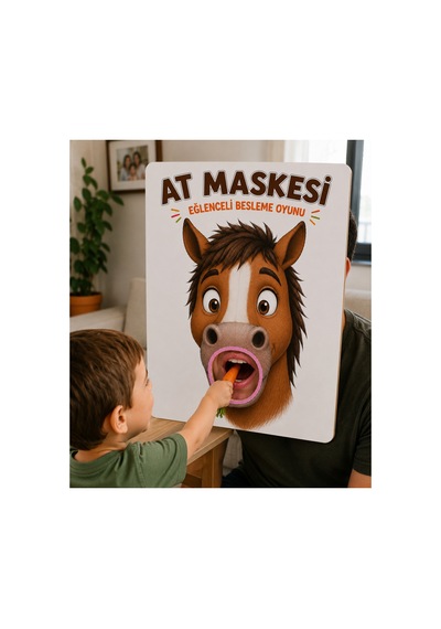 At Maskesi Eğlenceli Besleme Oyunu Ahşap Çocuk Aktivitesi 30x40 Cm Hayvan Maskesi Montessori Eğitim