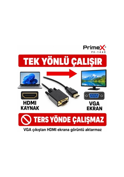 Primex Px-1440 1.8 Metre Hdmı To Vga Görüntü Kablosu, Hdmı Çıkıştan Vga Monitör Projeksiyona Dö Belirtilmemiş