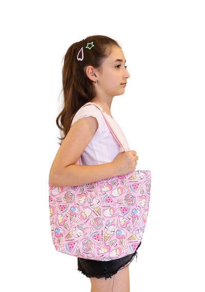 İcone Bag Desenli Kız Çocuk Plaj Çantası, Baskılı Çocuk Günlük Çanta Pembe