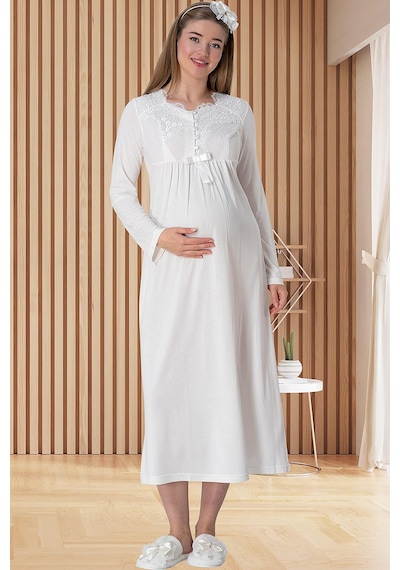 Mecit Pijama Mecit 5417 Ekru Uzun Sabahlıklı Lohusa Gecelik Takımı