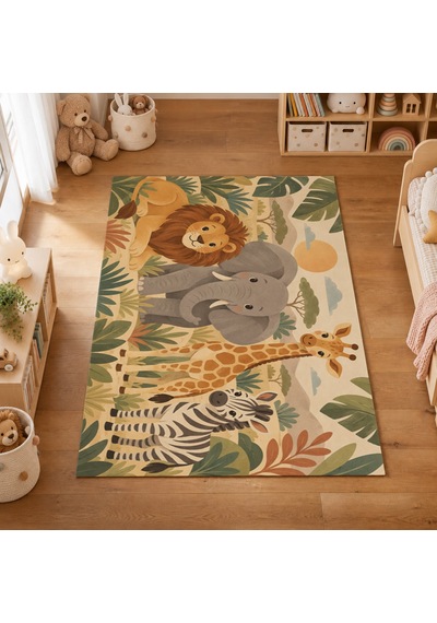 Kartela Halı Safari Dostları Çocuk Oyun Halısı Kaymaz Dot Taban Yıkanabilir 120 X 180 Cm