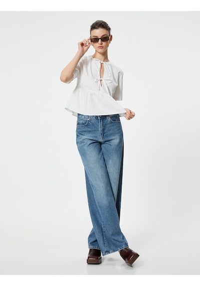 Koton Oversize Bluz Fiyonk Bağlama Detaylı Kısa Kollu Yuvarlak Yaka Pamuklu Beyaz 4sak60505uw Beyaz