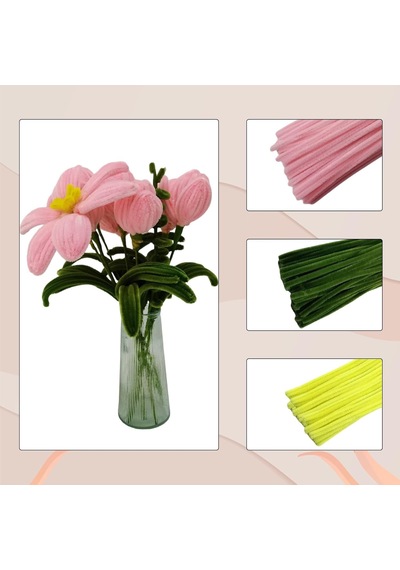 100 Adet 3'lü Şönil Seti Soft Pembe 45 , Haki Yeşil 45 Ve Sarı 10 Çiçek Teli Ve Çiçek Bandı