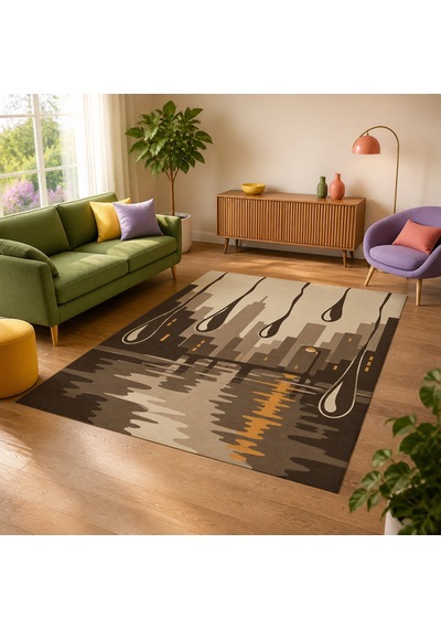 Kartela Halı Yağmur Şehir Silüetli Modern Halı Bej Kaymaz Taban Makinede Yıkanabilir 100x150 Cm
