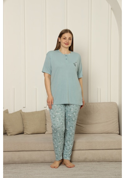 Tampap Viskon Kumaş Kadın Büyük Beden Kısa Kollu Pijama Takımı Yeşil