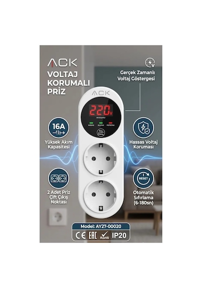 Ack İkili Ani Yüksek Akım + Voltaj Korumalı Priz Dijital Göstergeli 140v-280v Arası Standart