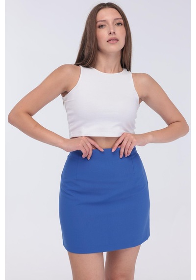 Selectmoda Kadın Gizli Fermuarlı Çok Renkli Mini Etek Mavi
