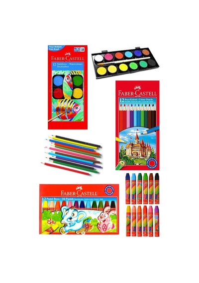 Öğrenci Boyama Seti 3 Lü Faber 12 Renk Sulu Boya Kuru Boya Pastel Boya 12 Li Boya Set Faber Castell Okul Sınıf
