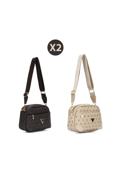 Newish Polo Kadın Monogram Desenli Uzun Askılı Çapraz Omuz Çantası 2 Adet - New361 Siyah - Bej
