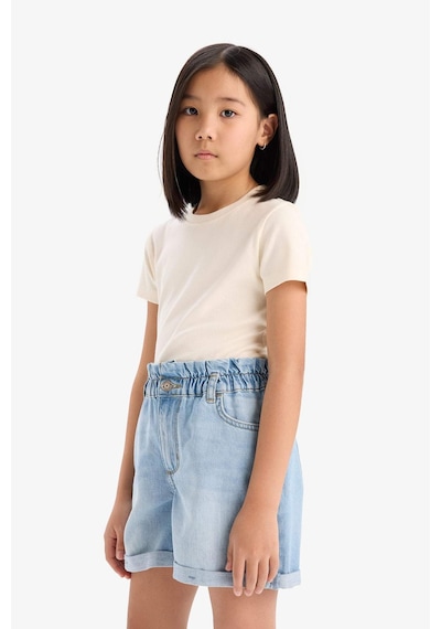 Defacto Slim Fit Dar Kesim Bisiklet Yaka Ribana Basic Düz Kısa Kollu Tişört Kız Çocuk B3054A824SM Ekru