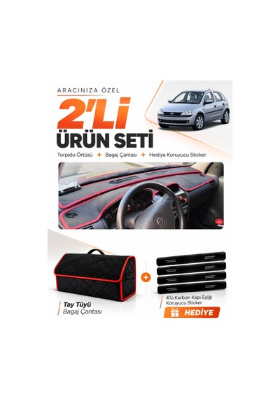 Opel Corsa C 2001-2011 Uyumlu Torpido Örtüsü + Tay Tüyü Bagaj Çantası + Sticker - Siyah Kırmızı