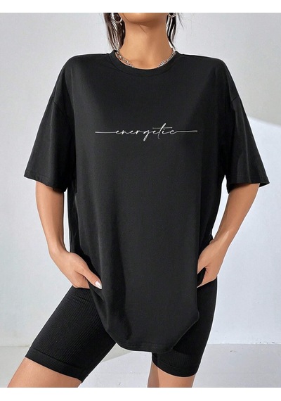 Energetic Yazılı T-shirt - Siyah Baskılı Oversize Bisiklet Yaka Kısa Kol Tişört Siyah
