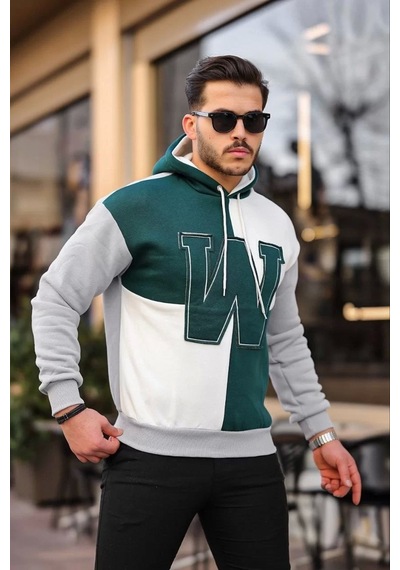 Erkek W Nakış İşlemeli Kapüşonlu Sweatshirt - Yeşil