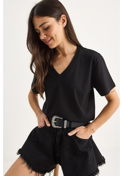 Shade Pamuk Derin V Yakalı Comfort Fit T-shirt 60602066 - Beyaz-siyah Beyaz - Siyah L