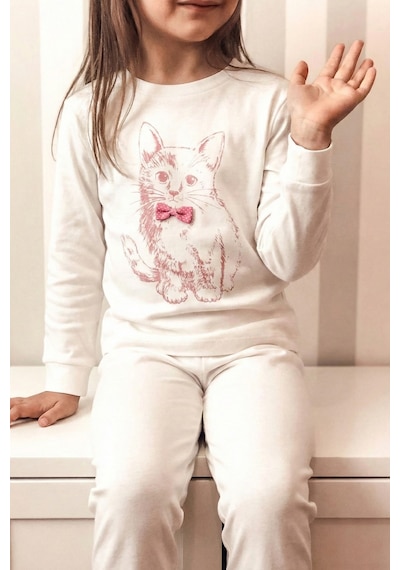 Cigit Kedi Baskılı Pijama Takım 2-8 Yaş Ekru Ekru