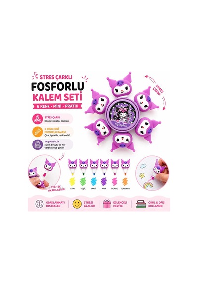 Kuromi Figürlü Stres Çarklı 6 Renk Mini Fosforlu Kalem Seti Mor Mor