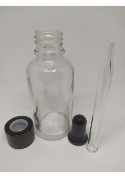 30Ml Cam Şeffaf Şişe İnce Cam Damlalık Siyah Metal Kapak(10 Adet)
