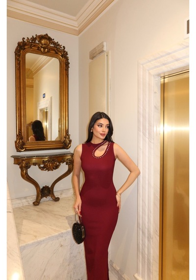 Kechi Woman Ottoman Kumaş Damla Taşlı Bordo Elbise