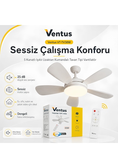 Ventus Vt-tv30w Sessiz Çalışma 5 Kanatlı Işıklı Uzaktan Kumandalı Tavan Tipi Vantilatör