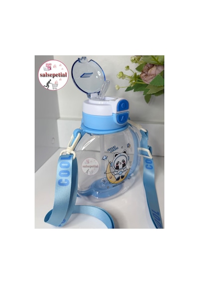 Panda Su Matarası Pandalı Suluk Figürlü Su Şişesi Panda Matara Askılı Pipetli Matara 850ml Mavi