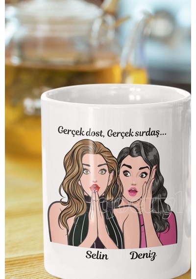 Gerçek Dost, Sırdaş Baskılı Kişiselleştirilebilir Arkadaş, Kardeş Hediyelik Seramik Kupa Bardak Beyaz