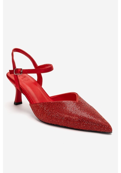 Luvishoes Nıvora Kırmızı Saten Taşlı Kadın İnce Topuklu Abiye Ayakkabı