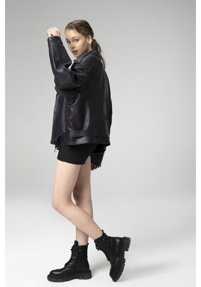Dericlub Pamela Unisex Jumbo Oversize Biker Hakiki Deri Mont Lacivert Null Lacivert