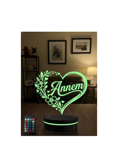Annem Yazılı 3d Led Gece Lambası Anneler Günü Hediyesi Kalpli Çiçek Desenli Rgb Kumandalı Masa Lambası Çok Renkli