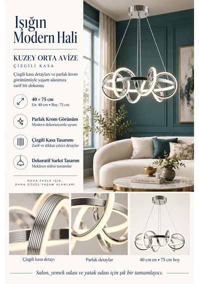 Kuzey Orta Modern Ledli Avize Çizgili 3 Renk Power Ledli Krom Kaplama Kumandalı Yatak Odası Salon Mutfak